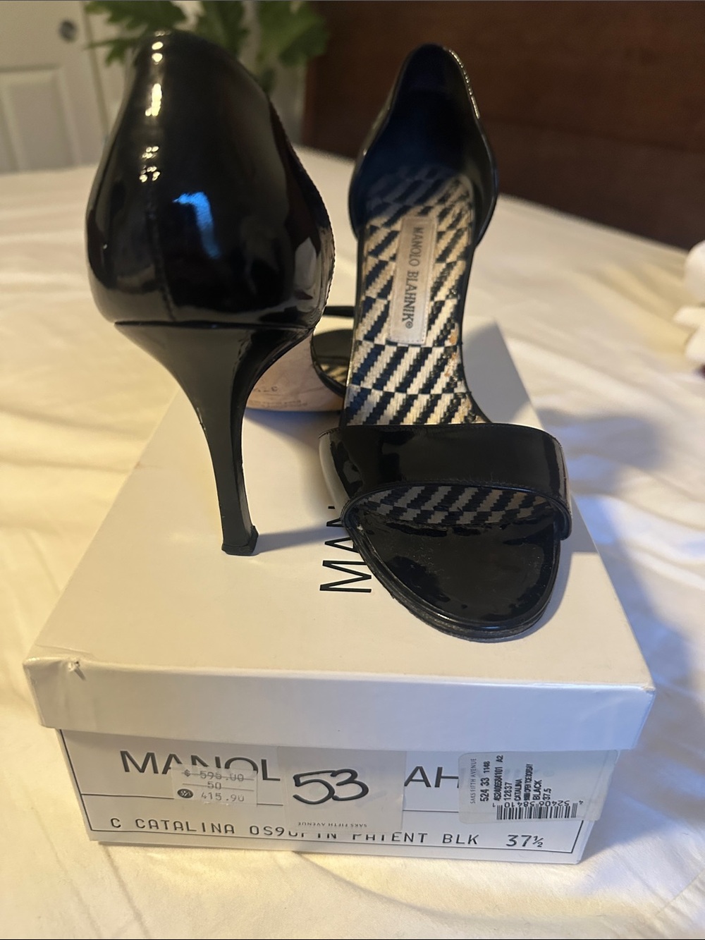 Manolo Blahnik Black Patent Leather D'Orsay Open-Toe Heels - Picture 3 of 9